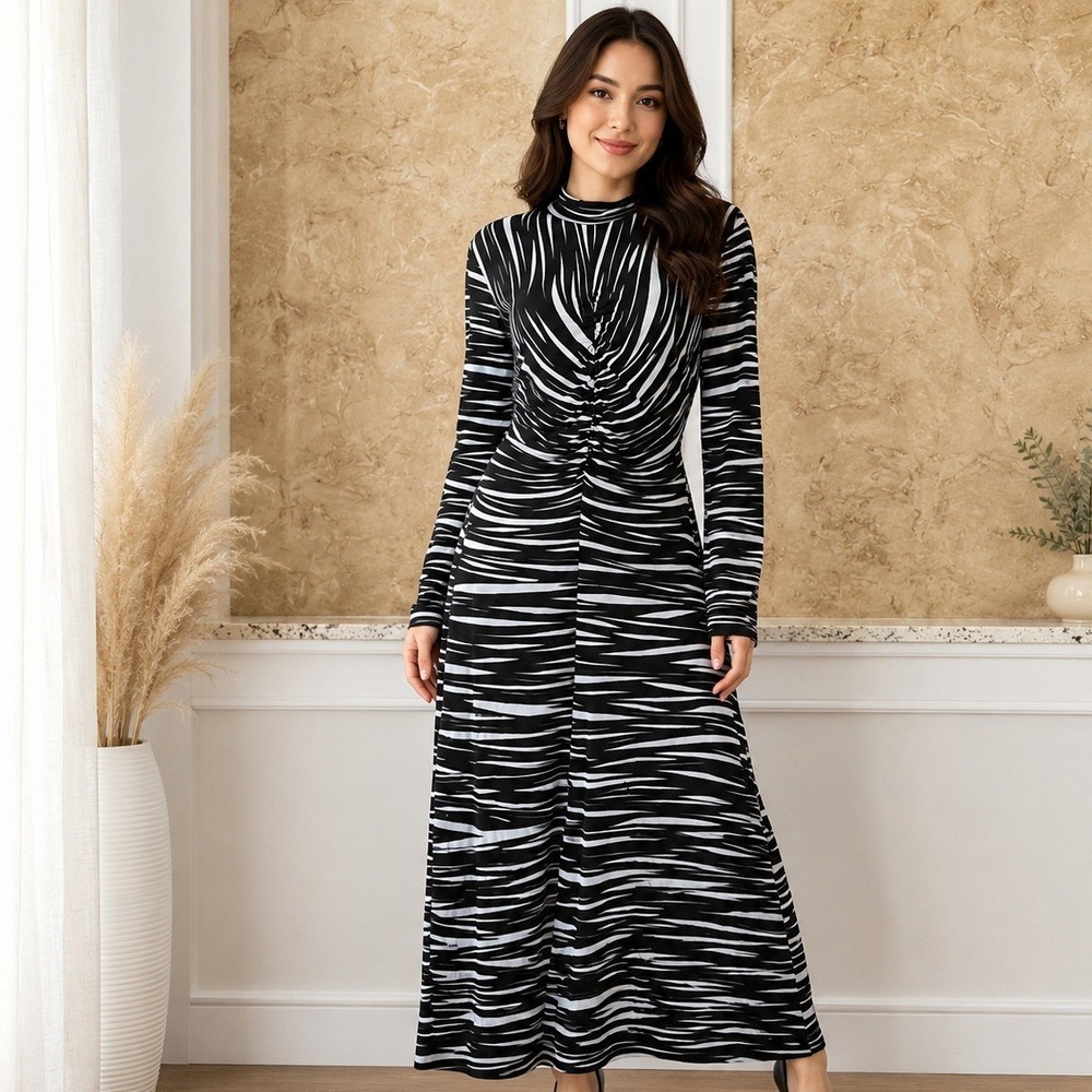 Stine Goya Dress Medium Black Zebra Print Ruched Mock Neck Animal Print